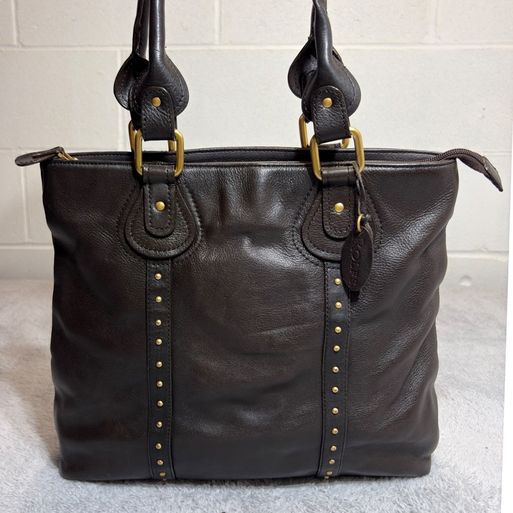 Rolfs Tote Bag Women Large Dark Brown Leather Studded Gold Hardware Shoulder Bag